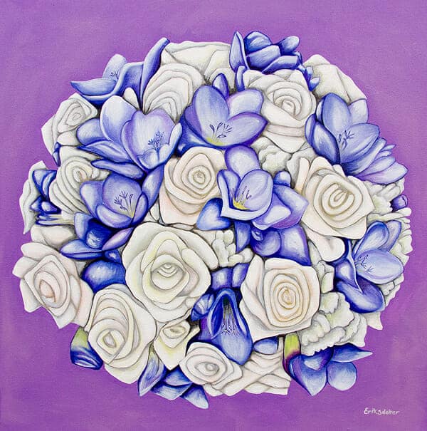 Diana's bridal bouquet painting - original acrylic by Erica Eriksdotter of Studio Eriksdotter. A unique way of preserving your wedding bouquet flowers.