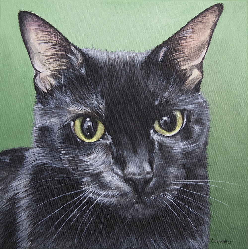 Custom pet portrait of a black cat with piercing green eyes on a green background, created by Erica Eriksdotter.